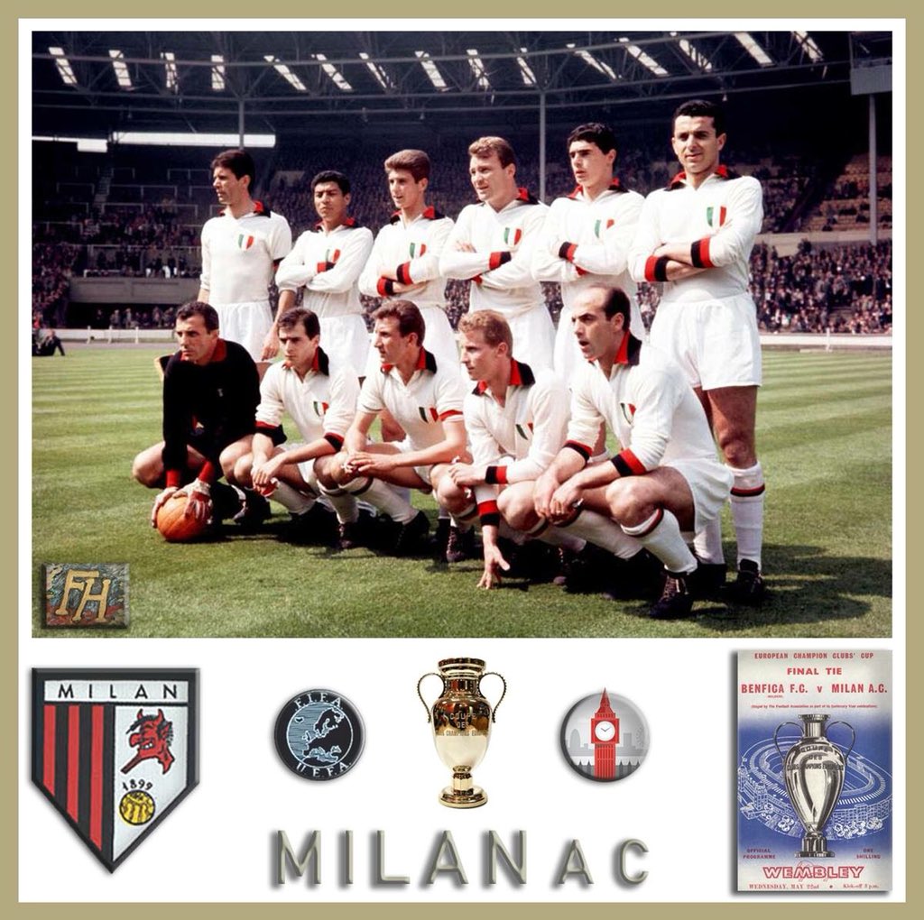 OnThisDay in 1963, #ACMilan defeated #Benfica in the European Cup final at  Wembley. 19' Eusébio 0-1 58' Altafini 1-1 69' Altafini 2-1 Standing from  left: Maldini, Benítez, Rivera, Altafini, Mora, Pivatelli Front, image size:1024x1020