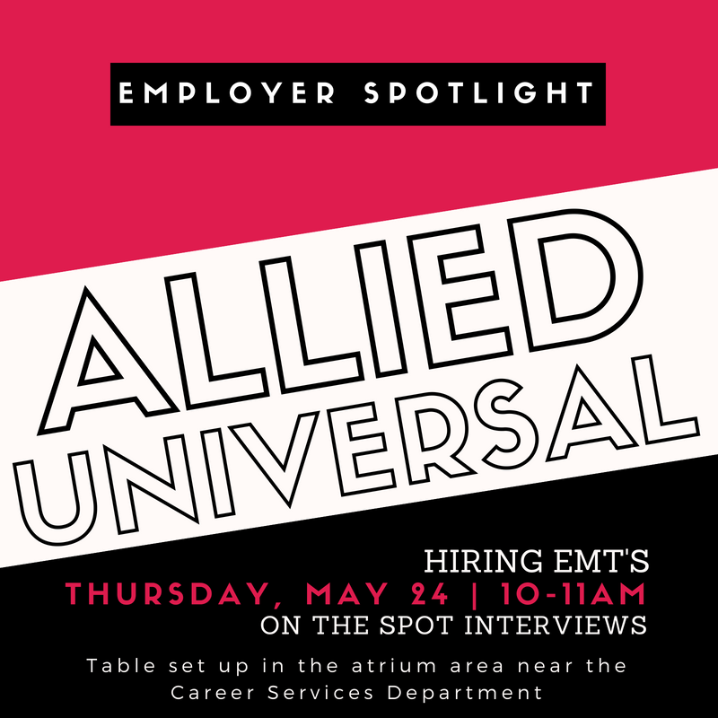 CityCollegeFTL's tweet photo. EMPLOYER SPOTLIGHT 👤 🚑
Allied Universal is hiring for EMTs on Thursday, May 24th from 10am-11am
✔️On the spot Interviews
✔️Bring updated resume
Table set up in the atrium area near the Career Services department.
#citycollegeFTL #citycollegeHWD #HiringEMT #EMSJob https://t.co/IWxIcx1H9c