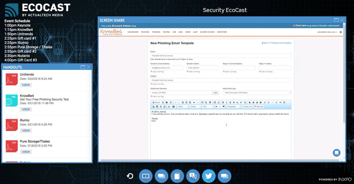 davidmdavis's tweet photo. Now learning how to create phishing templates LIVE on the #SecurityEcoCast in a cool presentation by @KB4Erich of @KnowBe4 https://t.co/YbVjEclV6N