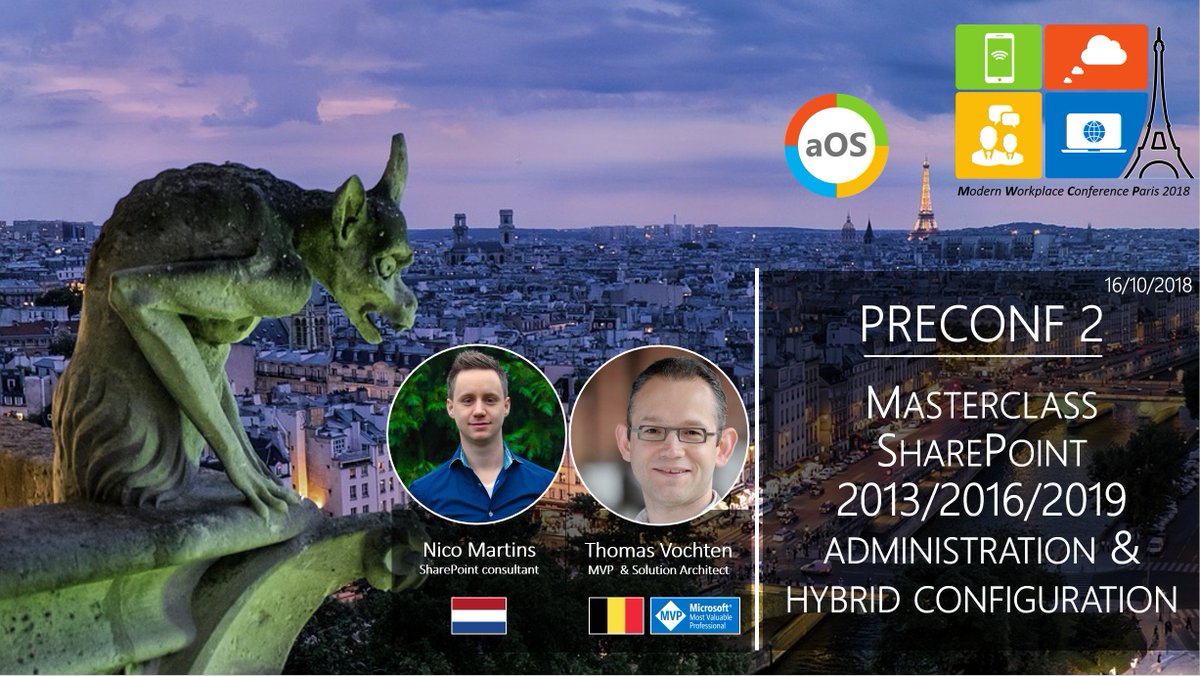 mwcparis's tweet photo. ⚡️ Ladies and Gentlemen, please welcome @ThomasVochten and @MartensNico for a full day Masterclass #SharePoint 2013/2016/2019 administration &amp; hybrid configuration!

🕰️Book now and save your seat: https://t.co/VmA2d2vnJq #MWCP18 #MVPBuzz https://t.co/xn4boHaRpj
