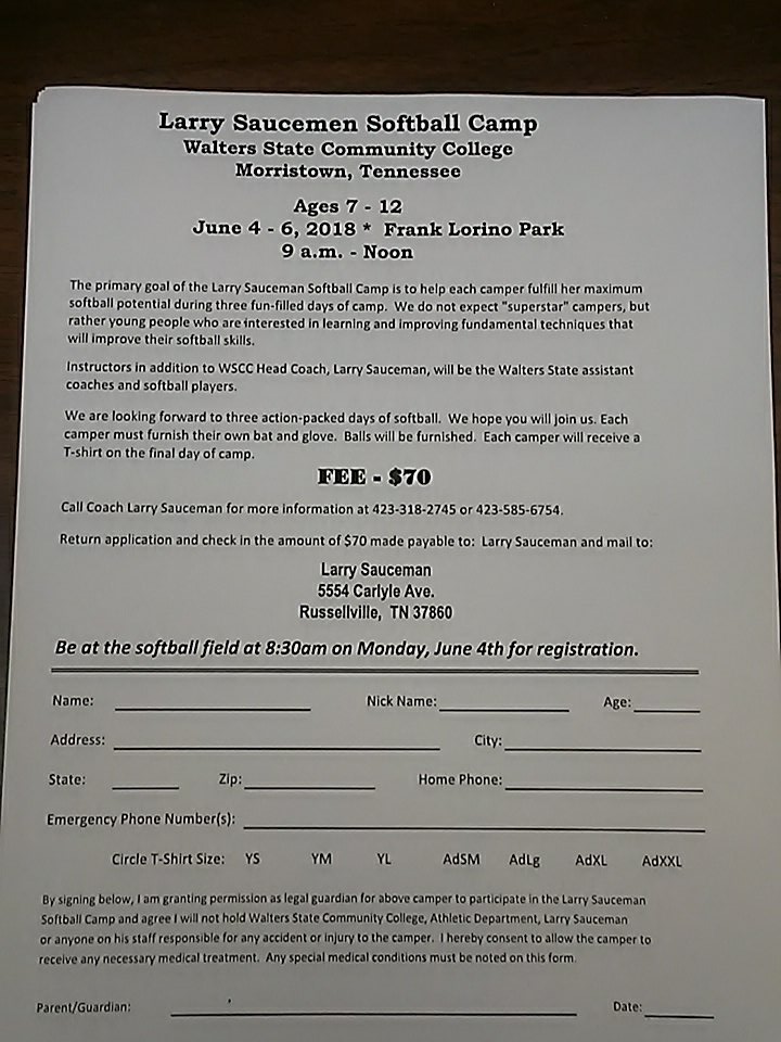 Walters State Softball Camp
June 4-6
Time 9-12
Ages 7-12
Frank Lorino Park
$ 70