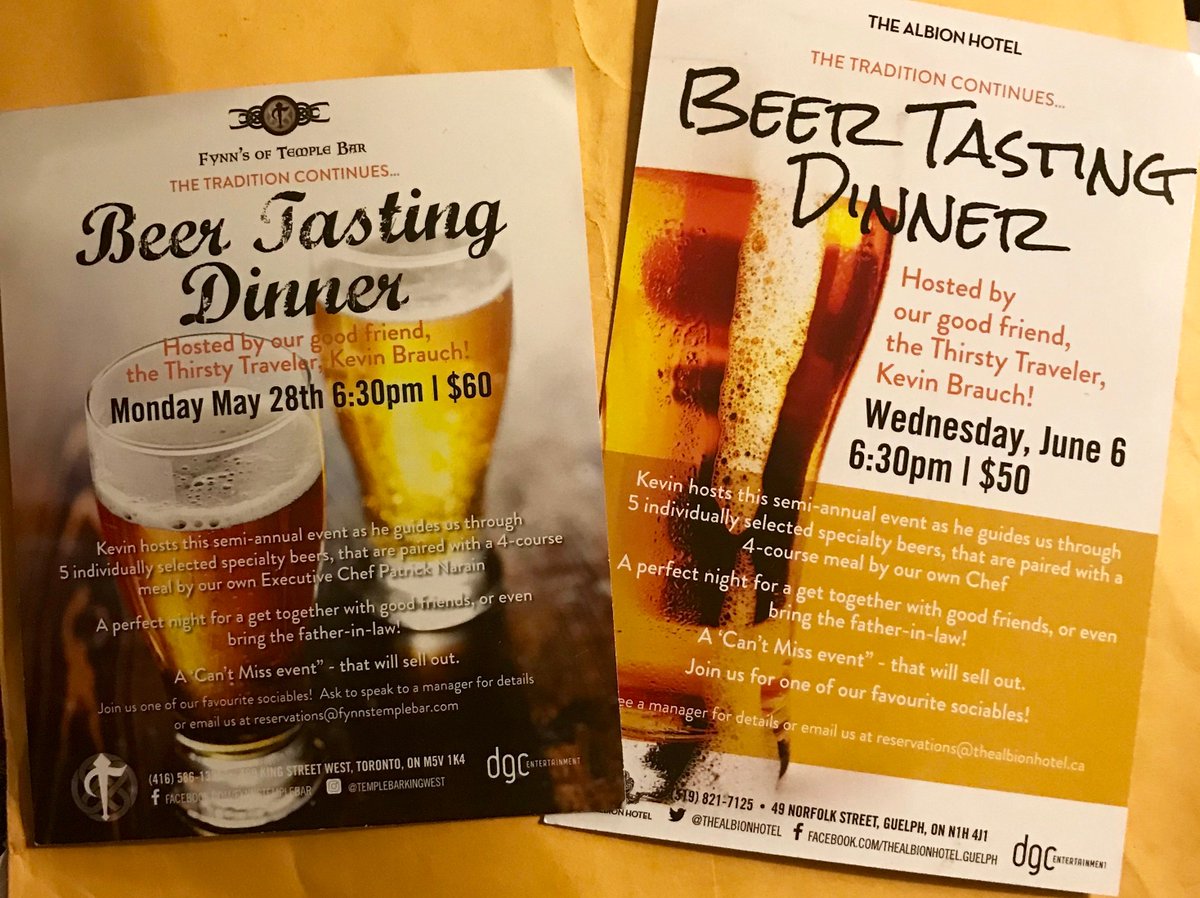 KevinBrauch's tweet photo. THIS COMING MONDAY, MAY 28th Fynn's of Temple Bar King &amp; Spadina, Toronto - 6:30pm featuring beers from @CollectiveBrew @MillStreetBrew @sidelaunch @amsterdambeer @BrickWorksCider PLUS 4-course meal just $60 - Hope to see you there! CHEERS! https://t.co/de3H4t7abj
