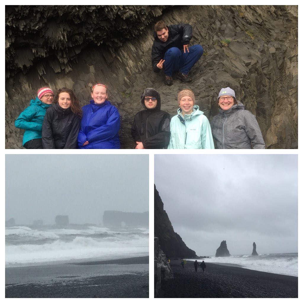 jbellmath's tweet image. Part of our group at the mouth of a cave at Black Sand Beach in Iceland. The color of the sand caused many a sailor to shipwreck by mistaking the black sand for deep water! #mhsbeyond