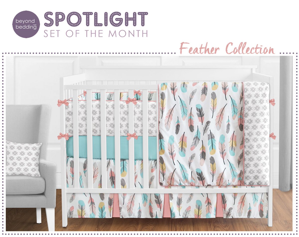 We are happy to announce our SPOTLIGHT Set of the Month!
Create a trendy and tribal look for your nursery with the Turquoise and Coral #Feather #babybedding collection by Sweet Jojo Designs. bit.ly/2vNBGL3 #modernnursery #bohostyle