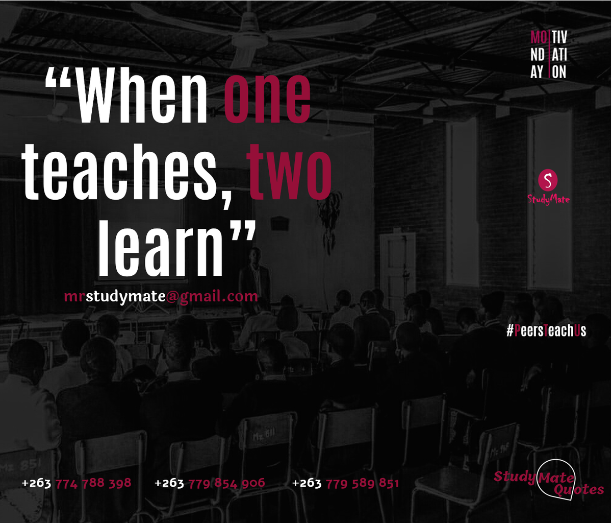 studymateZW's tweet photo. Hello folks! Here's this week's quote, it is based on one of the interactive activities by StudyMate called #PeersTeachUs which basically aims at encouraging peer to peer virtual discussions because as StudyMate we believe that Iron sharpens iron! #PeersTeachUs #StudyMateForYou https://t.co/z24kgp3bFL