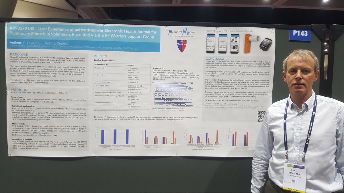 Come to #ATS2018 posters 143 &144 today to learn about the #PFWarriors user experience study and a clinical study in #pulmonaryfibrosis #IPF  which compares home & clinic spirometry