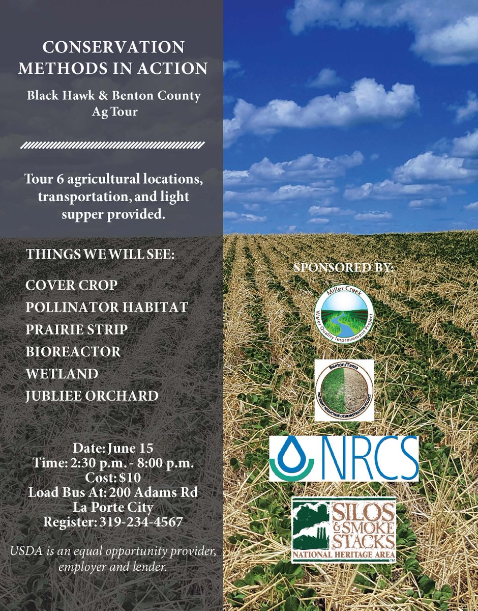 MC_WQI_Project's tweet photo. Ag Conservation Tour with @ssnha and @IowaNRCS scheduled for June 15th! Visits will feature a bioreactor, pollinator habitat, #covercrops, saturated buffer, and more. Call (319) 234-4567 to register today! Cost is $10 and includes transportation and light supper. https://t.co/Je3O5lgd3C