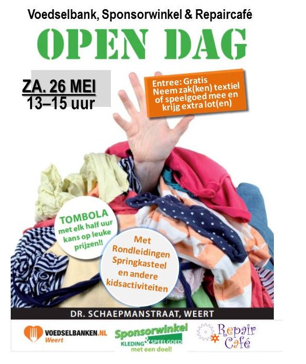 GroenewoudWeert's tweet photo. Aanstaande zaterdag, 26 mei van 13.00 tot 15.00, houden de Voedselbank, Sponsorwinkel en het Repair Café Weert gezamenlijk een open dag. Locatie: Sponsorwinkel aan de Dr. Schaepmansstraat in Weert. Er is die dag voor jong en oud van alles te beleven! Op onze website meer info. https://t.co/IyR6cG4bQS