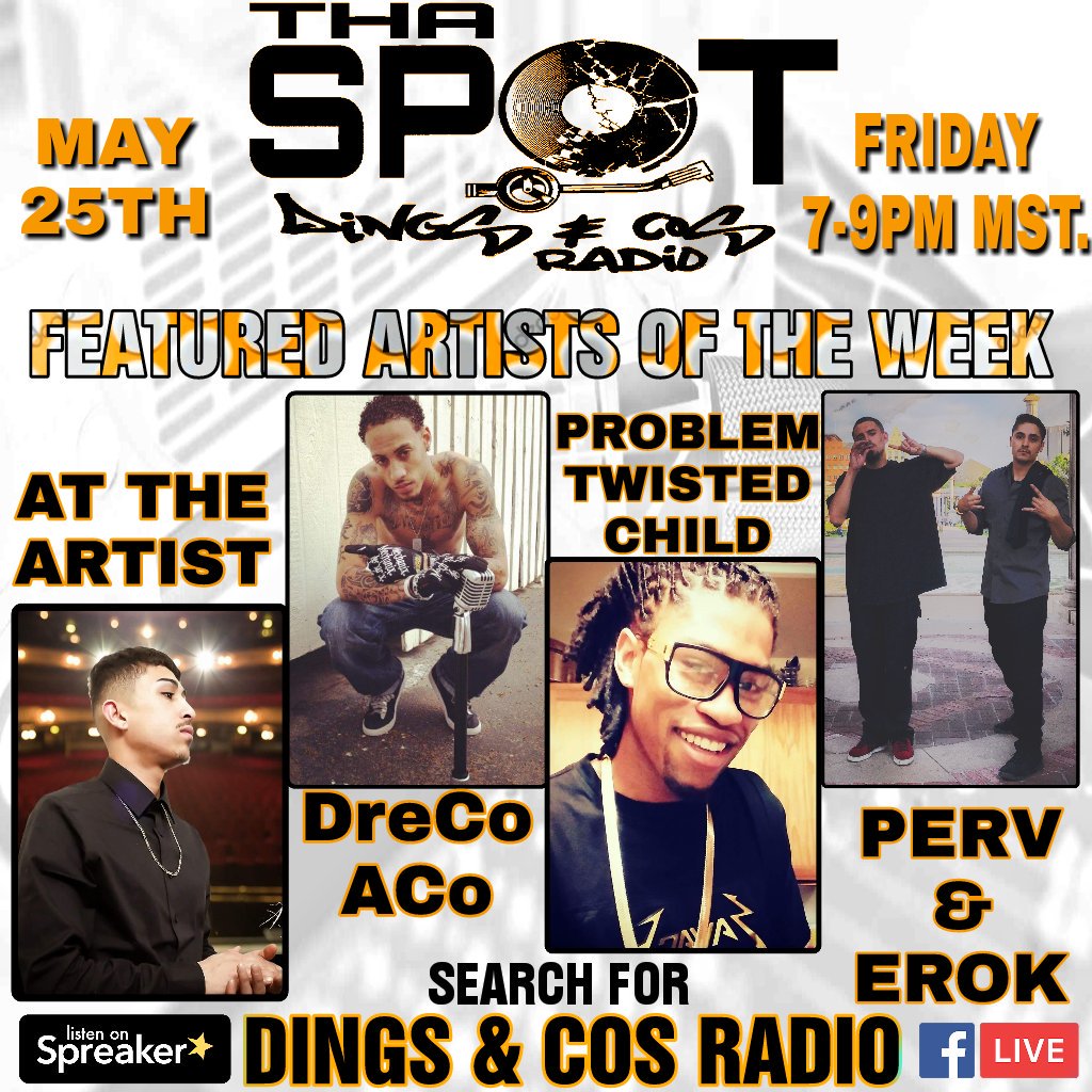 DingsNCosRadio's tweet photo. 4 brand new featured artists of the week gettin spins on THA SPOT this Friday night at 7pm tune in! #dingsncosradio #thaspot #undergroundhiphop #internetradio https://t.co/MB5aIM6zxt