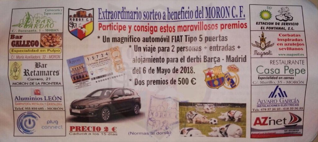 MoronCF's tweet photo. 📢CARRERAS DEL LECHÓN|La Junta Directiva del Morón C.F. ha decidido anular las “Carreras del Lechón” para no demorarlo más. Los 2 premios de 500€ cada uno se darán a las papeletas cuyas 4 últimas cifras coincidan con las del sorteo de ONCE del 25 y 26 de mayo #SeguimosCreciendo https://t.co/UgZgy3EMUJ