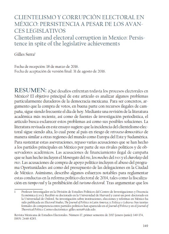 Revista_MEE's tweet photo. #RMEEmorando | En el número 17 Gilles Serra escribió Clientelismo y corrupción electoral en México: Persistencia a pesar de los avances legislativos (Clientelism and electoral corruption in Mexico: Persistence in spite of the legislative achievements).
En https://t.co/2BzMrKcBoQ. https://t.co/Z5VaEj5hBX