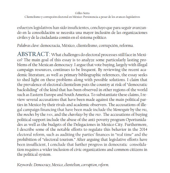 #RMEEmorando | En el número 17 Gilles Serra escribió Clientelismo y corrupción electoral en México: Persistencia a pesar de los avances legislativos (Clientelism and electoral corruption in Mexico: Persistence in spite of the legislative achievements).
En bit.ly/2kfgqFi.