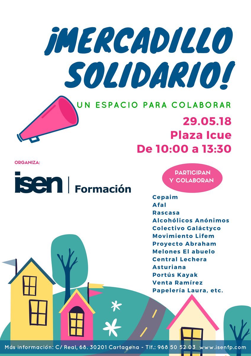 El próximo martes 29 celebramos el IV Mercado Solidario de @IsenFormacion Pza. Icue de #Cartagena de 10:00 a 13:30‼️
Habrá talleres, degustaciones, rifas,...
Proyecto educativo y solidario destinado a niños en riesgo de #ExclusiónSocial.
#ProyectoAulaEmpresa @CPRRegionMurcia