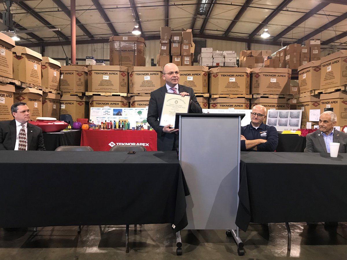 Congratulations to Teknor Color Company in Henderson for earning its 1st <a href="/GovMattBevin/">Governor Matt Bevin (2015-2019)</a> Safety and Health Award! Read More bit.ly/2s2kwnR  #WeAreKy #KYSafe #ThinkKentucky <a href="/KYLaborSec/">KY Labor Cabinet</a>