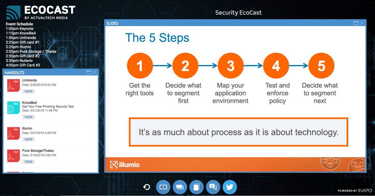 davidmdavis's tweet photo. Now learning about the 5 steps to micro segment your network using @Illumio with @cjw333 - another great presentation on today's #SecurityEcoCast ! —> https://t.co/5V5FhrugCy https://t.co/wmTuuF3jlB
