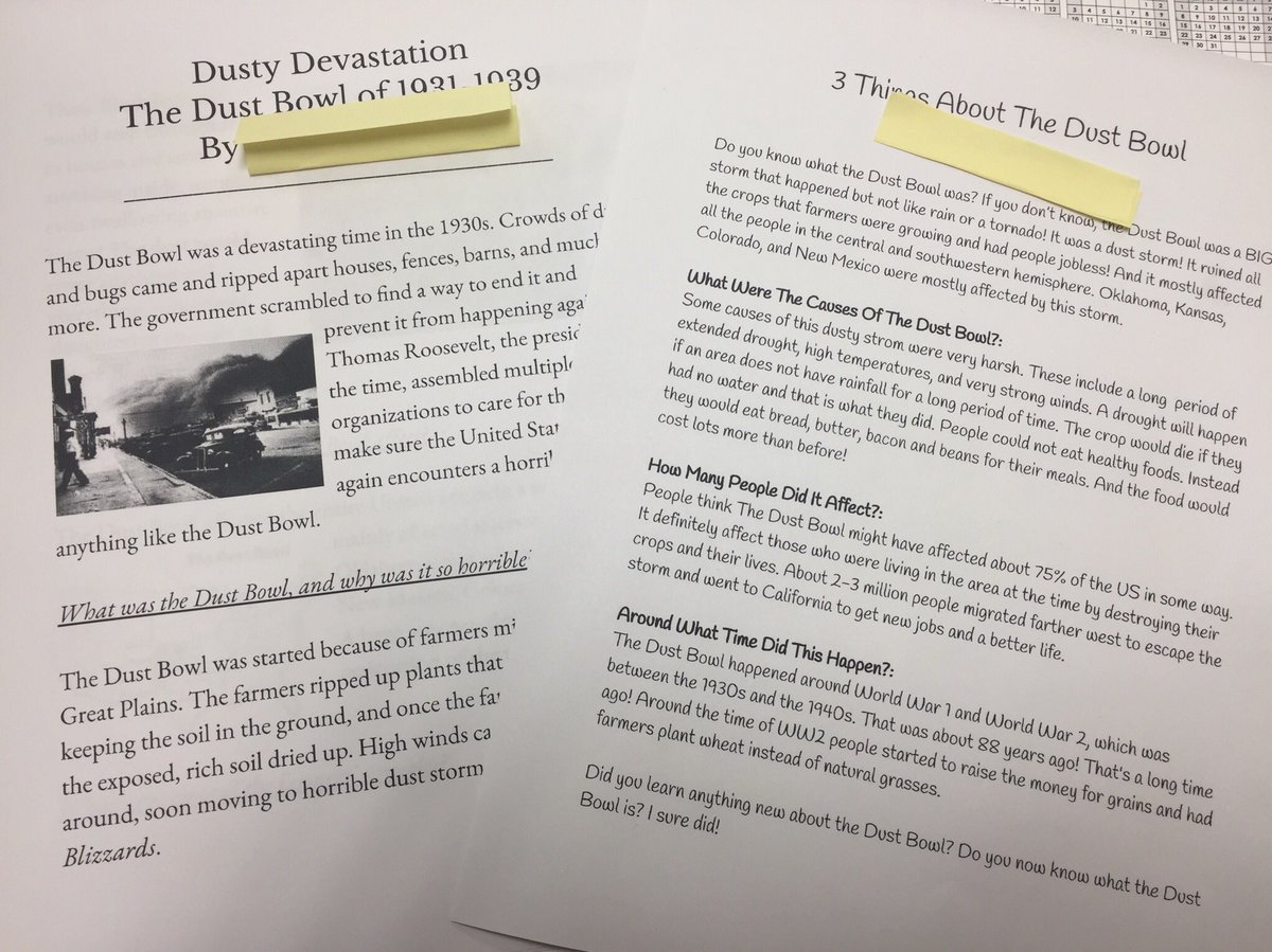 JeannieSlone1's tweet image. Our read aloud had us all wanting to know more abt the Dust Bowl. Gallery walk, @Wonderopolis article, and writing “3Things” piece abt this time in our history helped us learn more. #WCLearns @CloughPikeElem @owpmu @WestCler