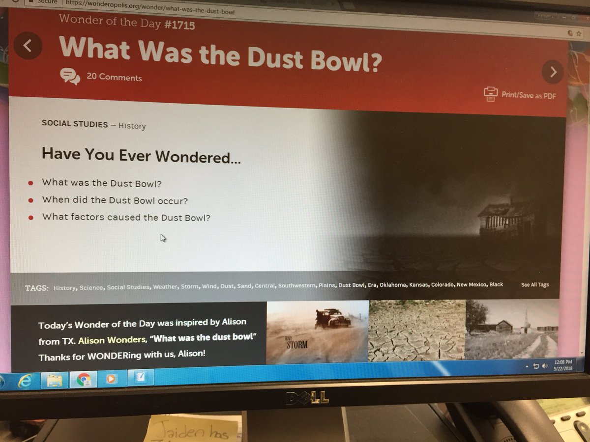 JeannieSlone1's tweet image. Our read aloud had us all wanting to know more abt the Dust Bowl. Gallery walk, @Wonderopolis article, and writing “3Things” piece abt this time in our history helped us learn more. #WCLearns @CloughPikeElem @owpmu @WestCler