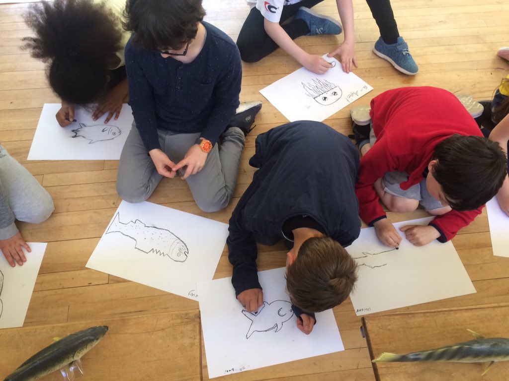 ThisTownIreland's tweet photo. Great day today with St Nicholas NS Galway, making drawings of fish in charcoal. Also whales, octopi, jellyfish and lobsters. #ArtsFlag https://t.co/xoLIOnYCc6