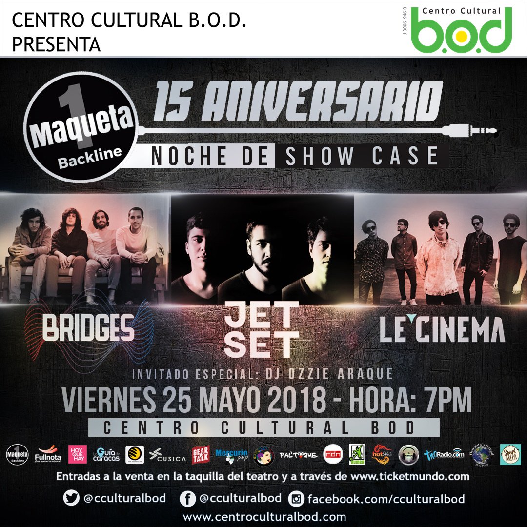 ¿Ya tienen sus entradas para celebrar el aniversario de @maquetauno_backline y Audio Profesional? desde el #CCBOD lo celebramos con lo mejor de la música nacional presentando a <a href="/jetsetbanda/">JET SET</a> (favoritos VivaRock Latino 2017) <a href="/brdgsband/">brdgsband</a> y <a href="/lecinemaband/">LE' CINEMA</a> (Ganadores nuevas bandas 2017)