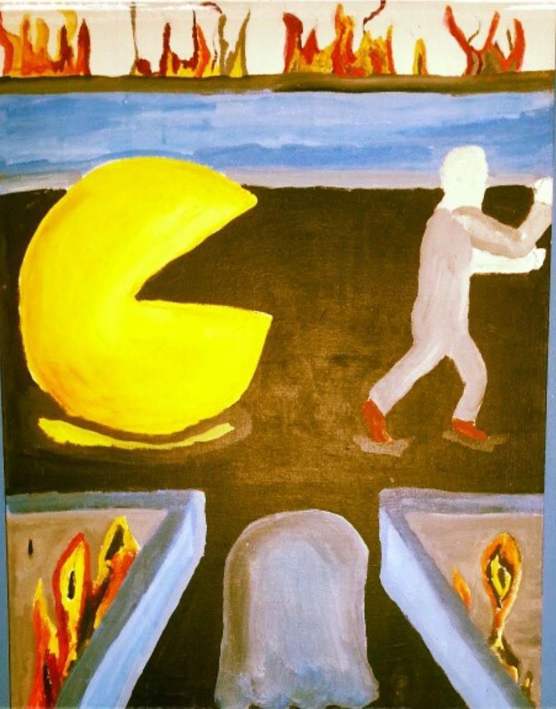 WTFamicom's tweet photo. 5/22/1980 - PAC MAN debuts.
?/??/2002 - I paint a terrible canvas in junior year art class.
5/22/2018 - I post the terrible painting to celebrate PAC MAN's birthday....
#PacMan #puckman #gaming #Wtfamicom #Namco #SpaceInvaders #Asteroids #Pong #HappyBirthday https://t.co/QglBhtGllQ