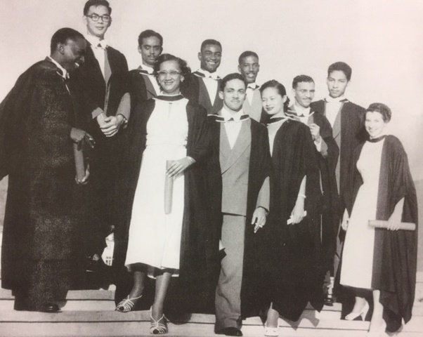 uwimuseum's tweet photo. 1949: #HazelDarbyRichardson (right of pix) was 1/20 of #UWIs 1st NatSci (now @FstUwi_Mona ) students & only woman of cohort to finish; graduating with 2nd group in 1953/1954! @UWImona @History_UWIMona @UWIMonaGuild @IGDS_RCU @uwimonalibrary @UWIMONACR #UWIat70 @BFUWI @natlibja https://t.co/so33B61YuP