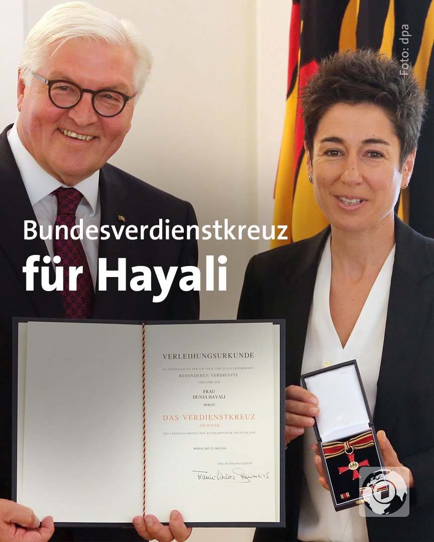 Dunja #Hayali ist für ihr Engagement gegen Fremdenfeindlichkeit und Rassismus mit dem #Bundesverdienstkreuz ausgezeichnet worden.