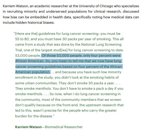 This all came from a study that was done by the National Lung Screening Trial, one of the largest stud[ies] for lung cancer screening to date. 53,000 people. Of those 53,000 people, only four percent were African American. So, you mean to tell me that we now have lung cancer screening guidelines based on four percent of the African American population. . . and because you have such low minority
enrollment in the stud