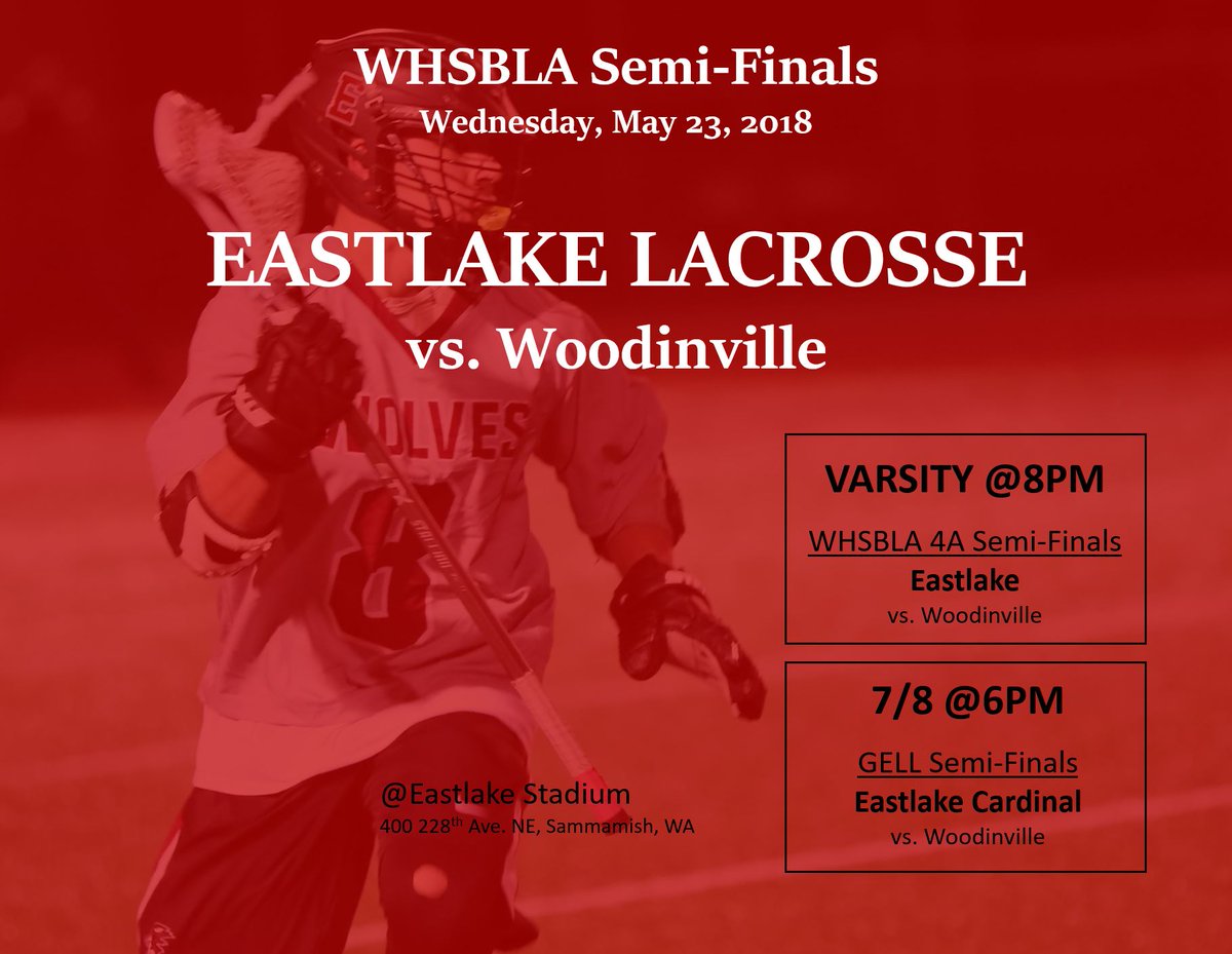 EastlakeBoysLax's tweet photo. The quest for a Washington LAX State Championship continues.  Tomorrow night - come watch the Wolves hunt!  7/8 in GELL Semis @ 6PM.  Varsity in WHSBLA 4A Semis @ 8PM.  Eastlake vs. Woodinville. #WSPS @EHSSuperfans18 @ehsassassin2k18 @WolvesSports @eastlakewolf https://t.co/5wsrVs18DW
