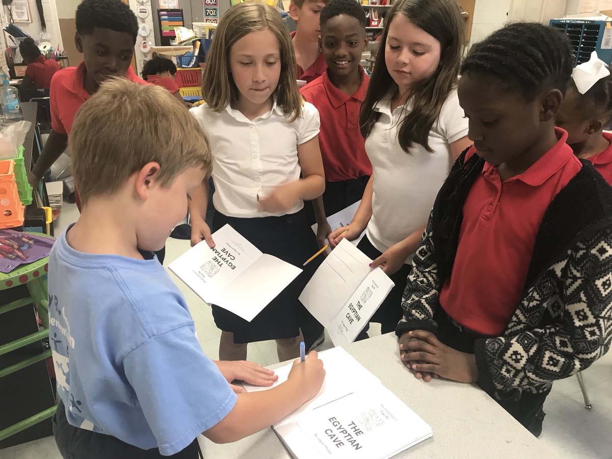 Hamiltons3Grade's tweet photo. Part 2: Logan’s book signing for the book he wrote &amp; published, Mythsplorers Book Two: The Egyptian Cave @MaryBAustin #AustinInnovators https://t.co/8kbpwNIOwr