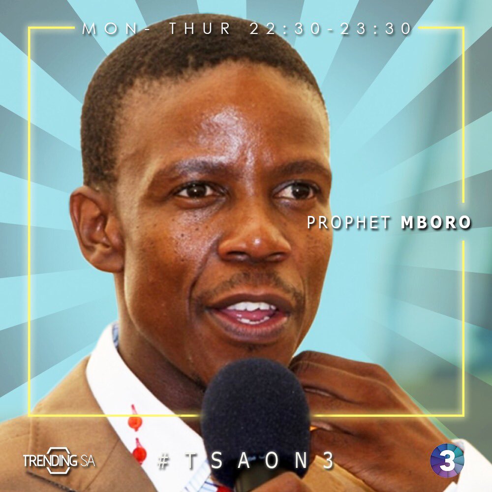 It’s almost show time. @PhophetMboro will be joining us tonight. What questions would you like to ask him? He might just take them to heaven with him next time! #TSAon3 😁