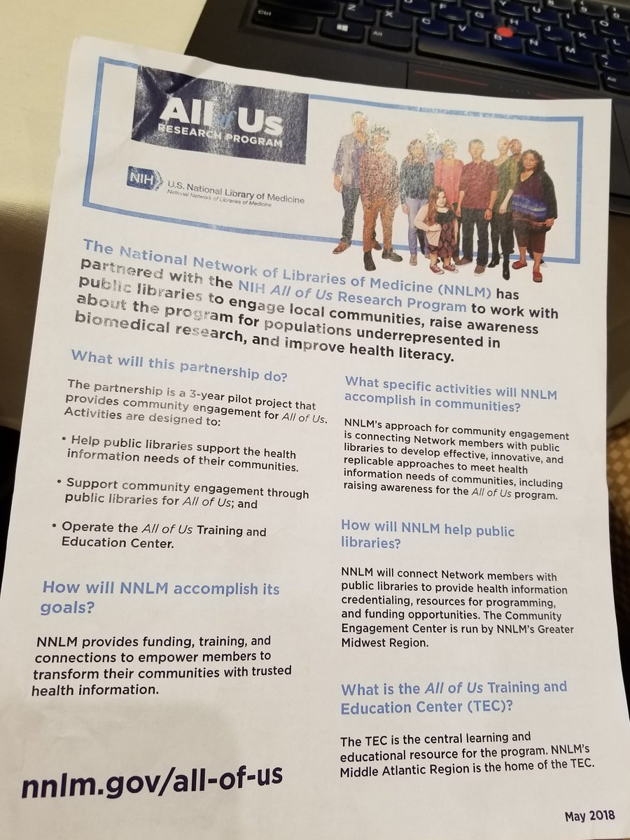 witmanl's tweet image. Couldn&apos;t find a digital version quickly (anyone know where it is, if it&apos;s available?) -- but here&apos;s a helpful handout about the All of Us Research Program. #PubLibsImpact #mlanet18 @MedLibAssn