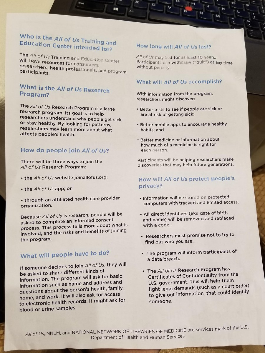 witmanl's tweet image. Couldn&apos;t find a digital version quickly (anyone know where it is, if it&apos;s available?) -- but here&apos;s a helpful handout about the All of Us Research Program. #PubLibsImpact #mlanet18 @MedLibAssn