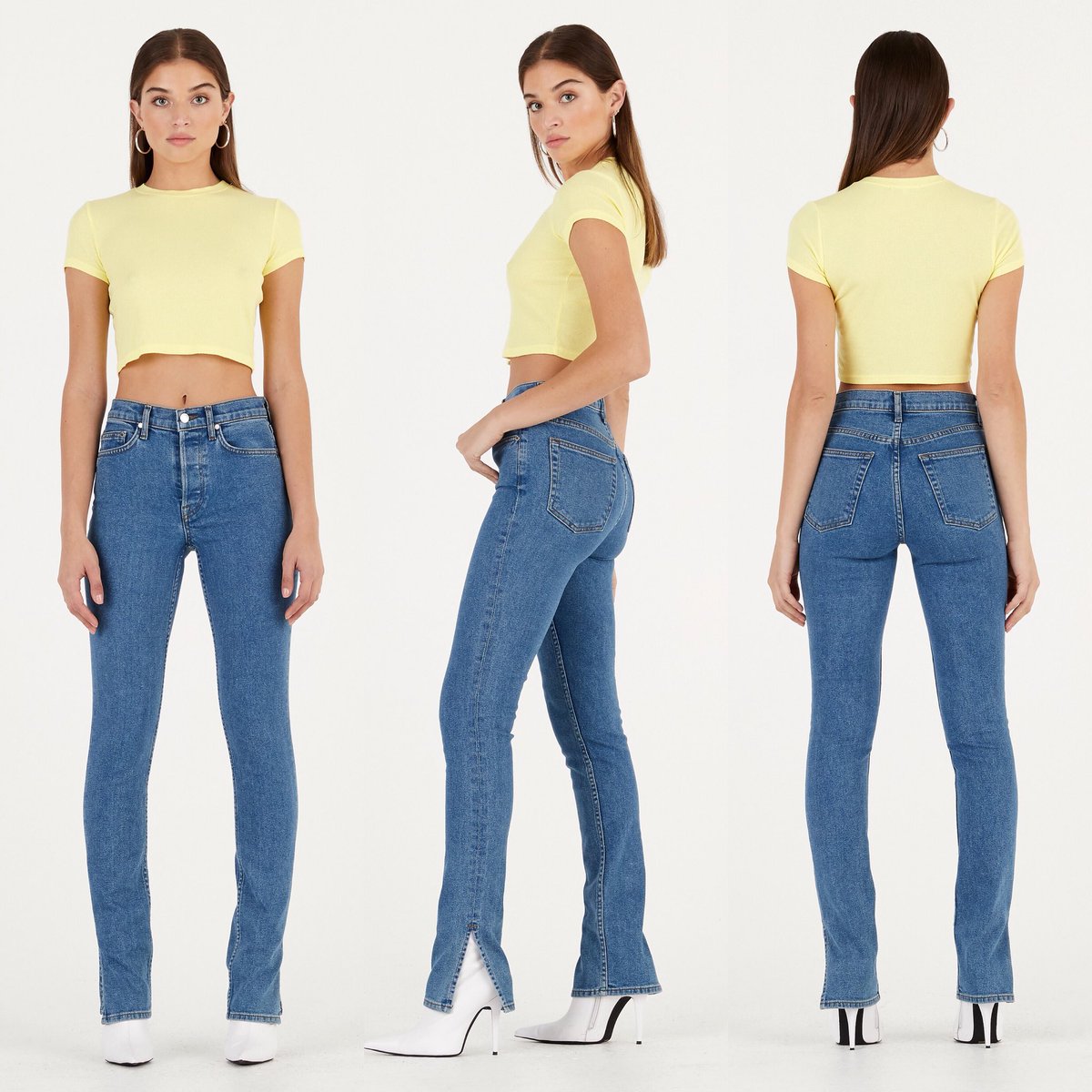 Venice Crop Tee in Pastel Lemon styled with High Split Denim