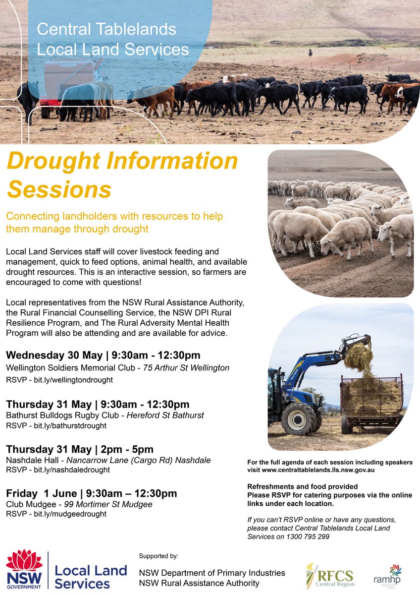 CTablelandsLLS's tweet photo. We're hosting #drought info sessions next week in #Wellington #Nashdale #Bathurst &amp; #Mudgee - please spread the word so we can reach as many farmers as possible during these tough times @ramhpnsw @rfcs_nsw_cr @nswdpi @PipJob1 @llsnsw @CentralWestLLS #centraltablelands https://t.co/ZcOxc3AlLD