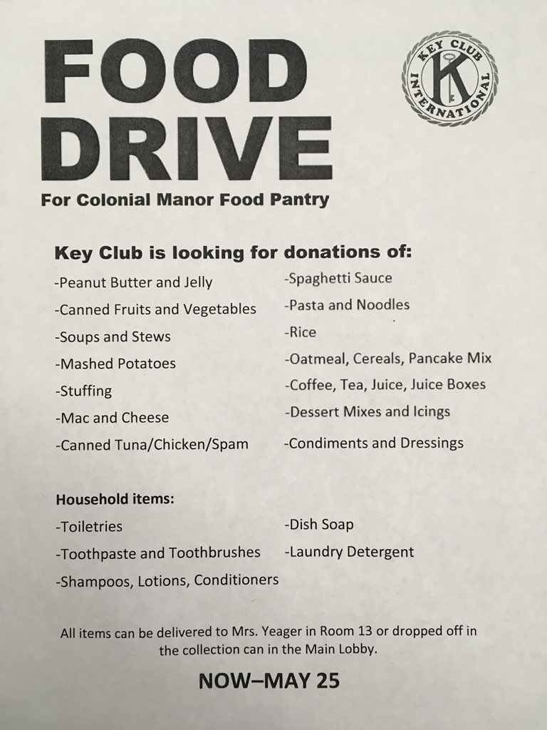 FOOD DRIVE for Colonial Manor Food Pantry. Bring in your donation by May 25! <a href="/WDHigh/">West Deptford HS</a> <a href="/WDHSAthletics/">WDHS Athletics</a> <a href="/kiwaniswoodbury/">kiwaniswoodburynj</a>