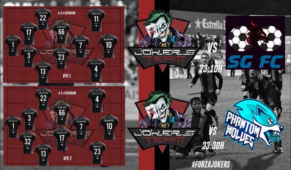 Hoy tenemos doble jornada de <a href="/VFOspain/">VFO España</a> Suerte a los rivales y nosotros fuerza!

23:10 vs <a href="/SeugermansFC/">Seugermans FC</a> 

23:30 vs #PhantomWolves

#FORZAJokers