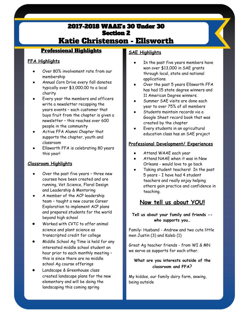 WiAgEd's tweet photo. 30 Under 30 highlight Katie Christenson (Ellsworth) has a remarkable level of commitment to her work and family. She uses some innovative ideas to juggle it all - one of which is that they hire an assistant advisor from UWRF. #WAAEBeyondtheClassroom https://t.co/Y0lzcz2ekY