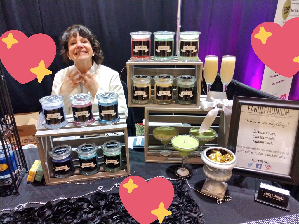 Fandlemonium's tweet photo. We're here at the Wedding Planner and Guide Show! Come to the Madison Marriott West from 4:30 until 8:30pm. We'll be selling candles, taking custom orders, and holding a giveaway!
#wedding #weddingseason
#weddingshow #bridalshow #weddings #Wisconsin #wisconsinbrides #MadisonWI https://t.co/GzqjI2ZbNj