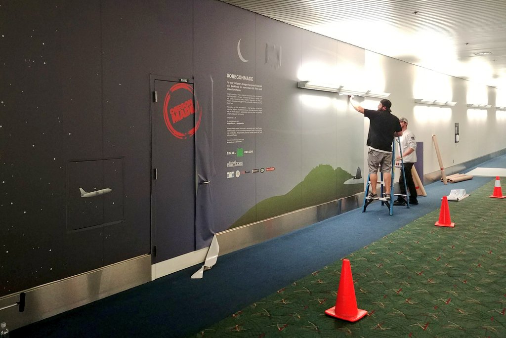 The South Tunnel at @flypdx is being slowly transformed thanks to a vision from @oregonfilm 4 years in the dreaming/making.

#illustration #art #pdx