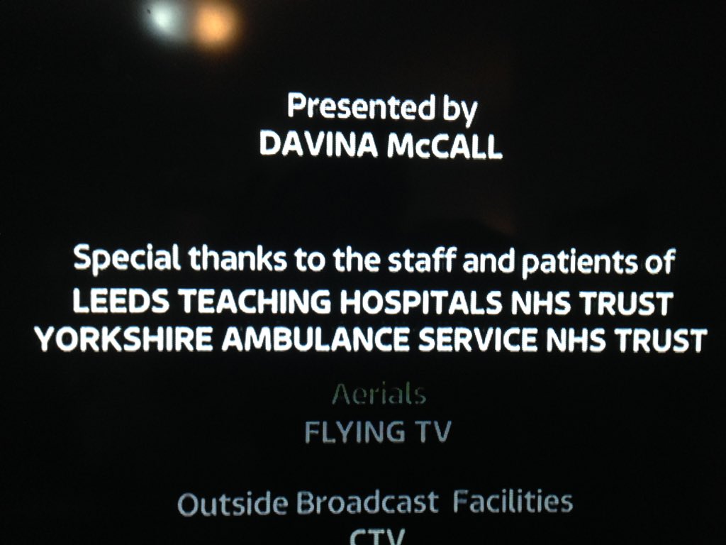 NHSEngland's tweet photo. A big thank you to @ITV  @ThisisDavina @nhsleeds and @LeedsHospitals for showing these #NHS #AandElive insights. Tune in for more tomorrow, same time, place. #NHS70 #NHSWeek #NHSHeroes #Team999 https://t.co/vDCLCcHvTQ