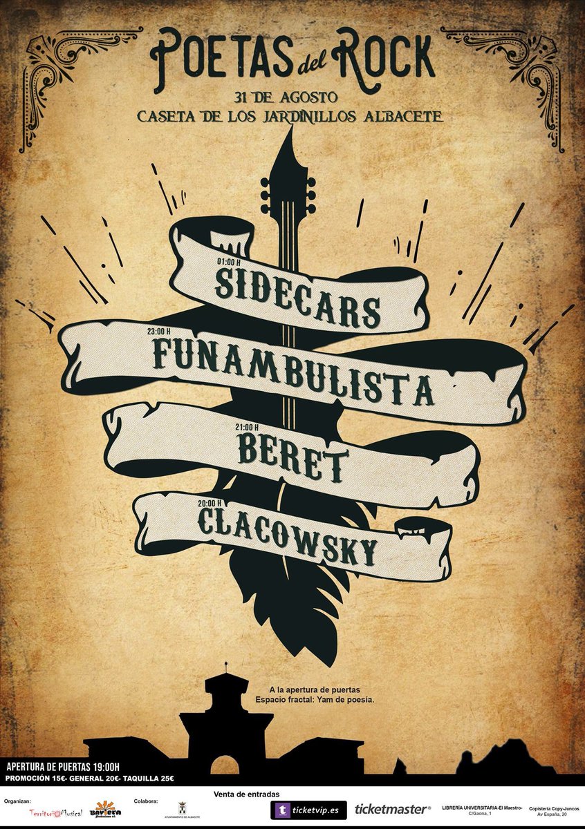 TerritorioMusi's tweet photo. El próximo 31 de agosto #Sidecars #Funambulista #Beret y #ClacowskY llenarán de #música y #poesía la Caseta de los Jardinillos de #Albacete. No te pierdas esta cita cultural por excelencia. Entradas a la venta en https://t.co/5A8Te0CltF https://t.co/yB7sELCJve