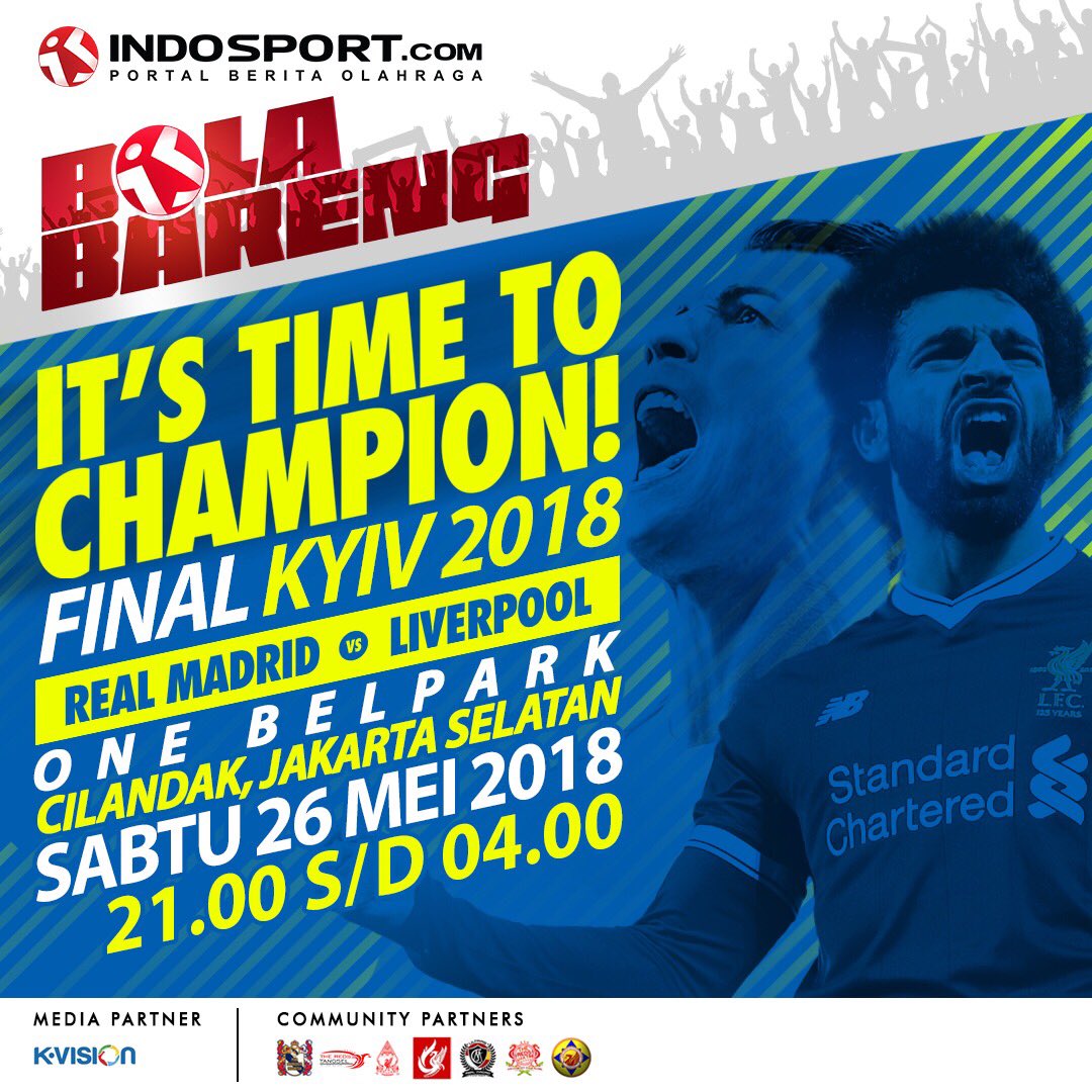 #MatchDay #UCL #FINAL
⚽️ Real Madrid vs LFC
📆 26-27 Mei 2018
⏰ Open Gate : 21.00 WIB
📍One Bell Park Cilandak - Jakarta Selatan 
💰 FREE ENTRY 

Cc : <a href="/indosportdotcom/">INDOSPORT</a> <a href="/PMID_Tangsel/">Peña Madridista Indonesia - Tangsel</a> <a href="/TheRedsJakTim/">The Reds JakTim</a>
<a href="/kopites_UNPAM/">Universitas Pamulang</a> 
<a href="/TheReds_Unindra/">Kopites Unindra</a> 
<a href="/RedsGunadarma/">New @Reds_gunadarma</a>