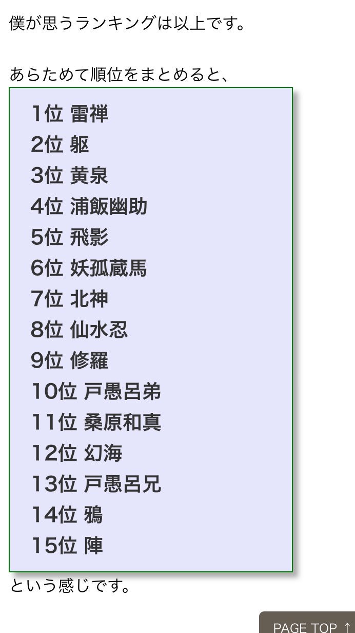 ジロリアン陸 朝から1時間ぐらい幽遊白書の強さランキング見てる ランキング付ける人によってかなり違うけどやはり魔界三大 妖怪がトップ3 仙水を15位ぐらいにつける人もいた 仙水戦面白かったなぁ 仙水 躯 鴉あたりの謎系キャラ好き 幽助と激闘を