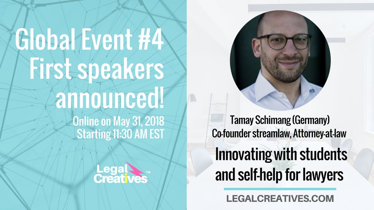 Meet <a href="/tamay_sch/">Tamay Schimang</a>, former big law lawyer turned legal entrepreneur. Guest speaker at <a href="/Legal_Creatives/">Legal Creatives</a> Global Event, May 31. His main focus? Designing legal solutions for law firms and clients. His passion? Collaborate with innovators to improve the way legal services are provided.