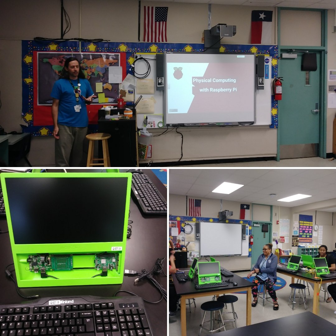 kboyceq's tweet image. W/ @bquentin3 at @Sinclair_ES presenting @Raspberry_Pi for #elemakers #elemcode teachers. His @HoustonISD foundation #innovationgrant makes class @GetPiTop kits available to check out @HISD_Advanced #picademy #CSforAll #CSforKids