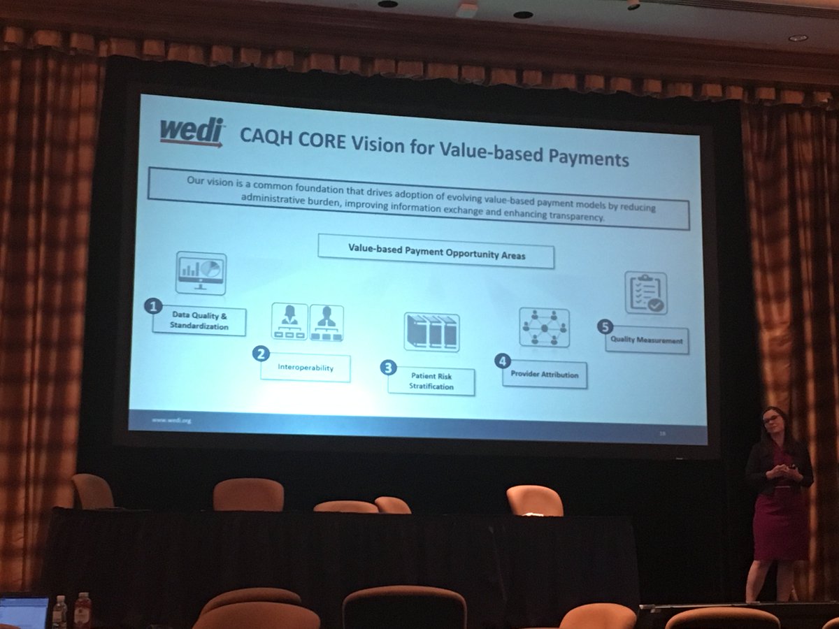 WEDIonline's tweet image. Erin Weber shares five opportunity areas for #valuebasedpayments in the #healthcare industry @CAQH #WEDI18 #interoperability
