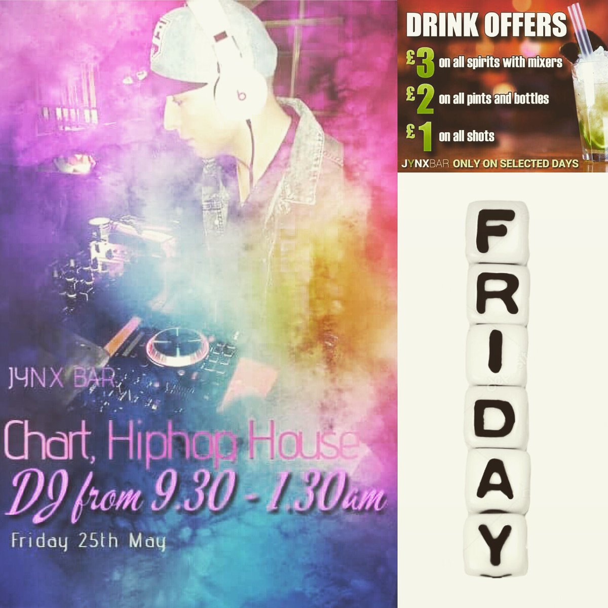 jynxBar's tweet photo. Guest DJ Danny Jay will be on the decks playing the best of chart, hip hop &amp; house music on Friday 25th May! 😎🎉💃
3,2,1 drink offers will be available till midnight - Bar side only! Don’t miss out!🍾🥂🍺🍸🍷🥃

#FreeEntry #DrinkOffers #JynxBar #DannyJay #HipHop #Chart #House https://t.co/niD8Y2IuNx