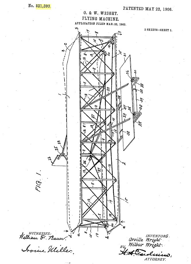 AdamMossoff's tweet photo. On this date in #innovation history: Orville & Wilbur Wright receive a #patent in 1906 for their #invention of the first working airplane (their "flying machine") #IntoTheWildBlueYonder #PatentsMatter #tech #MakingTheWorldSmaller https://t.co/KMbZ1K7Hxa
