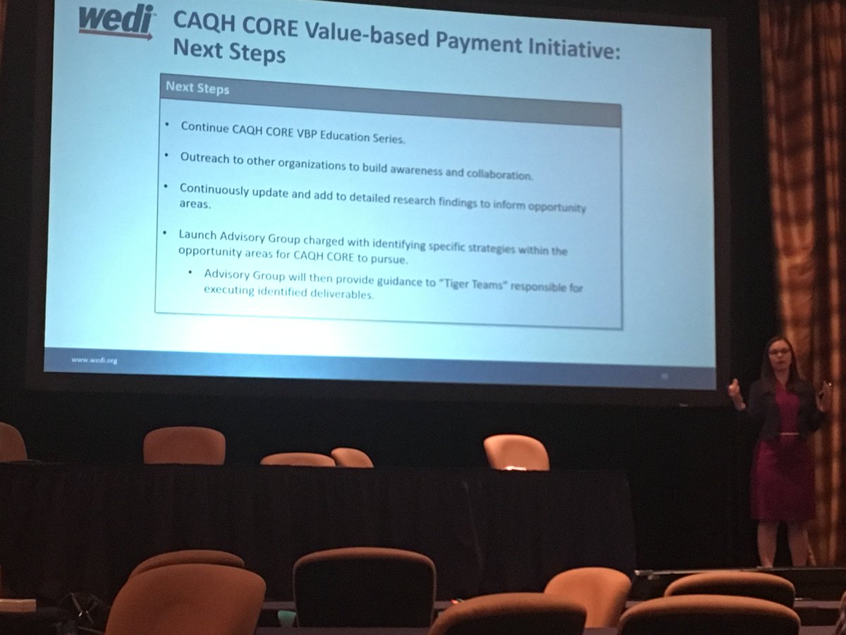 WEDIonline's tweet image. So what are the next steps when it comes to #valuebasedpayments? Building awareness, providing education and updated detailed research findings...” Erin Weber @CAQH CORE #WEDI18