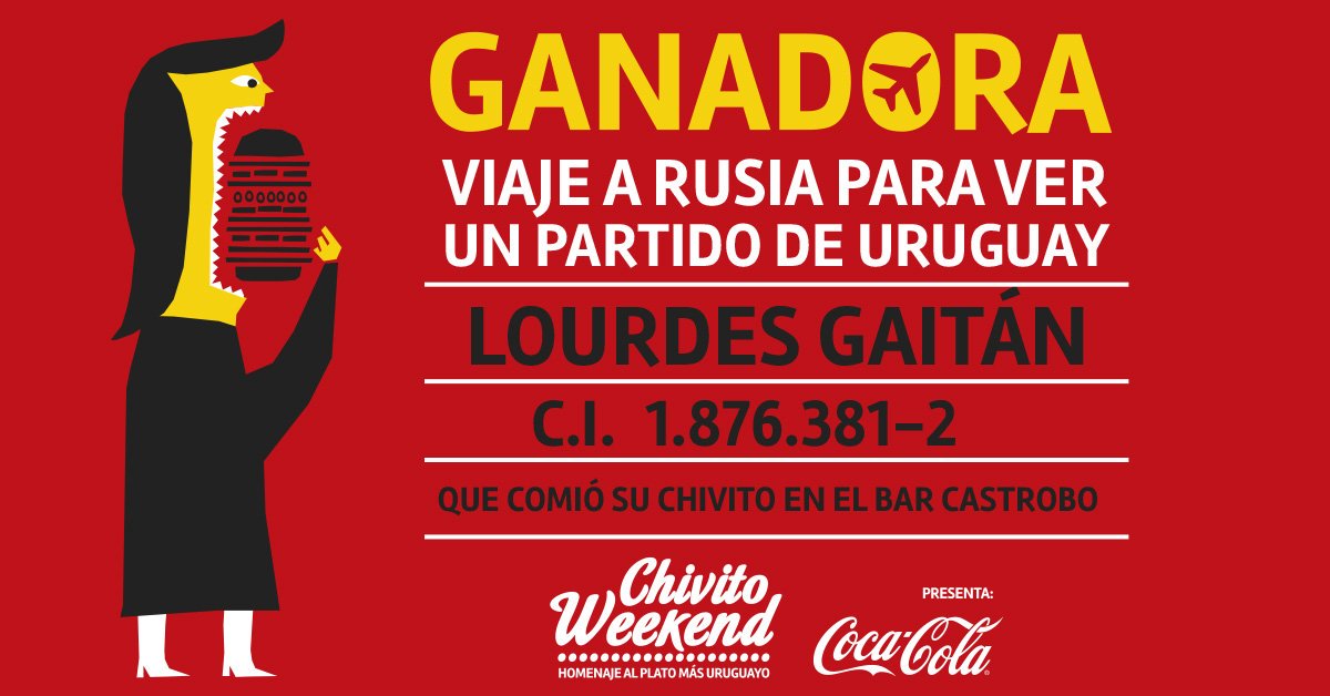 ChivitoWeek's tweet photo. Tenemos ganadora!!!!
Lourdes Gaitán con CI: 1.876.381/2, es la premiada con el viaje a Rusia 2018 para ver a 🇺🇾!!!
Homenajeó al plato más uruguayo, almorzando un Chivito Canadiense en #BarCastrobo.
Gracias a todos por participar en #ChivitoWeekend https://t.co/ibUptPpkN6